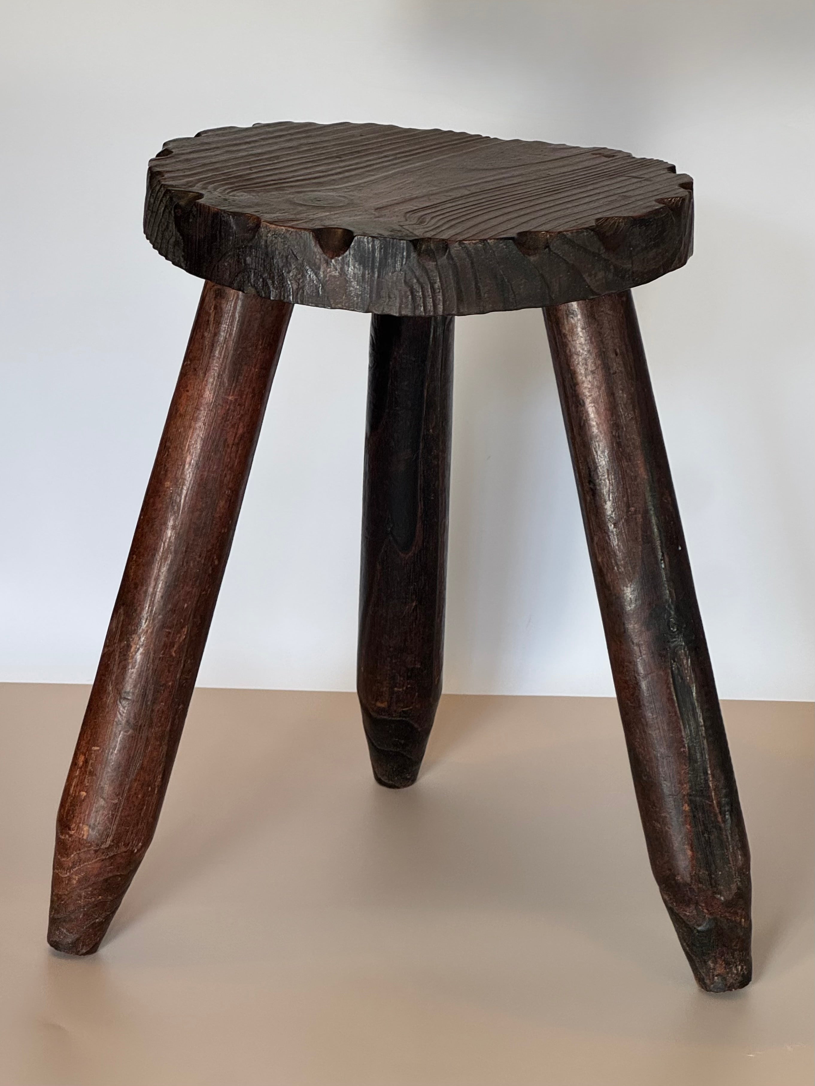 FRENCH BRUTALIST WOODEN STOOL