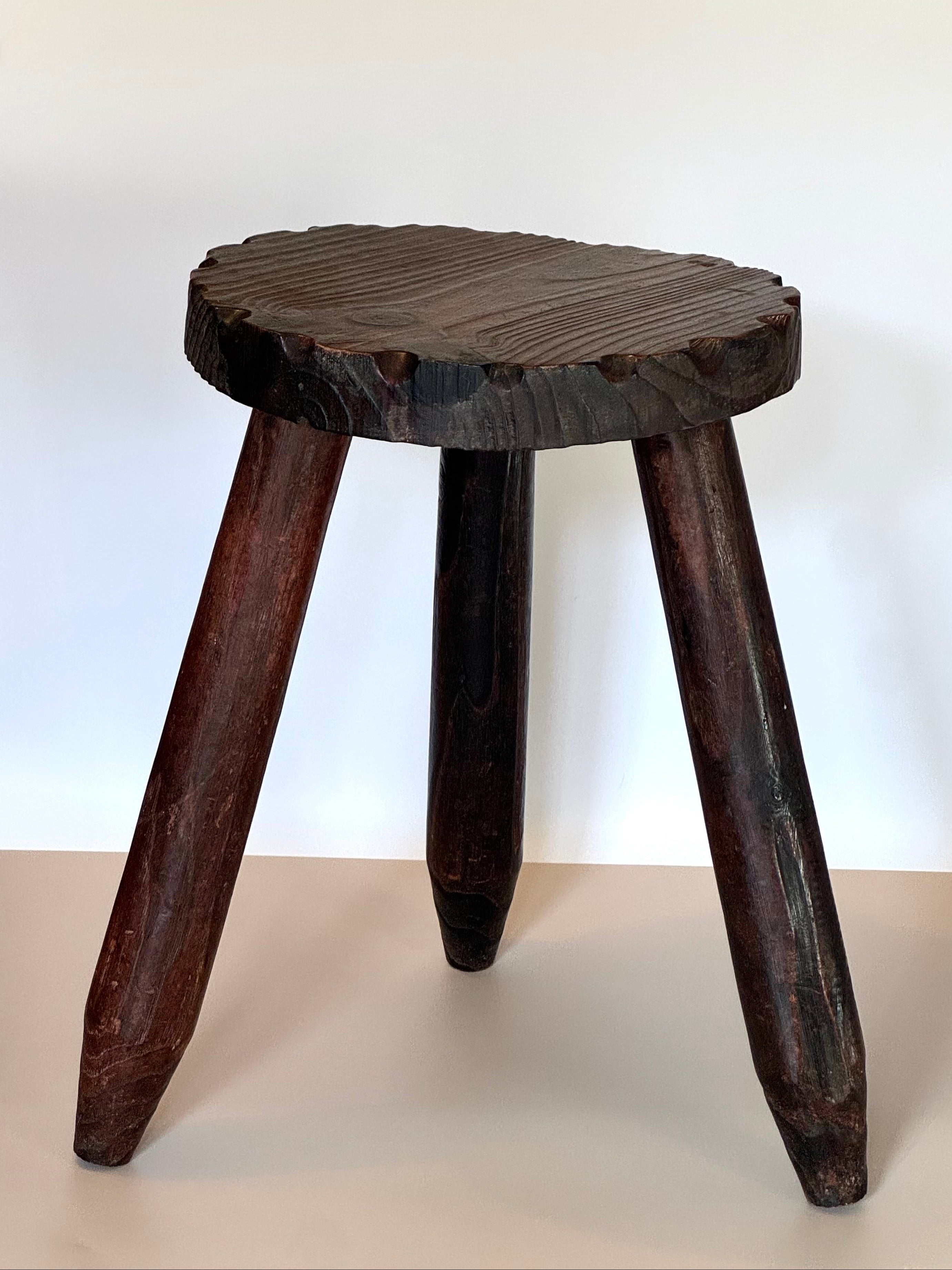 FRENCH BRUTALIST WOODEN STOOL